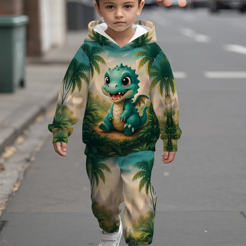2pcs Boys Dinosaur & Palm Tree Print Hooded Sweatsuit.
