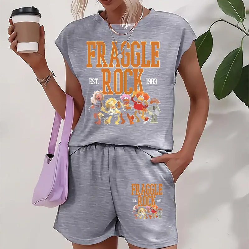 Women's Casual Summer "Fraggle Rock" Graphic Tee & Shorts Set.