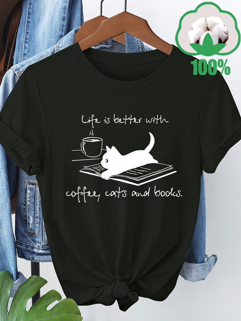 Women’s T-Shirt with a Coffee, Cat, And Book Pattern.