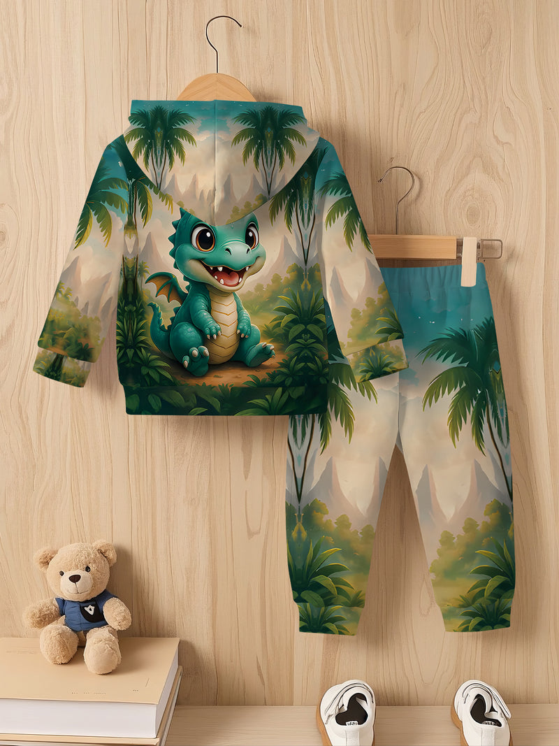 2pcs Boys Dinosaur & Palm Tree Print Hooded Sweatsuit.