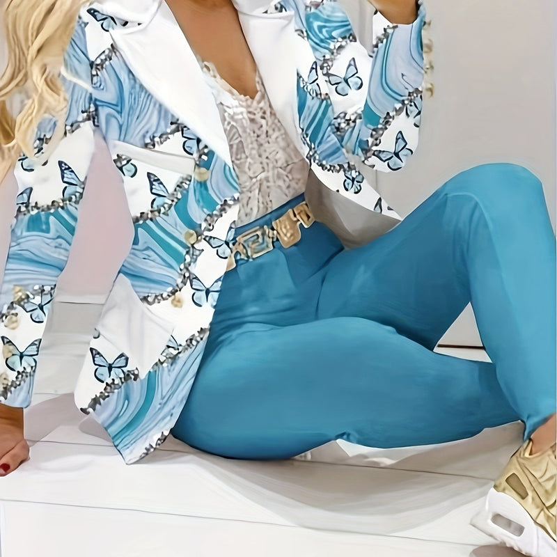 2pcs Women’s Long Sleeve Lapel Neck Double-breasted Blazer & Solid Skinny Pants.