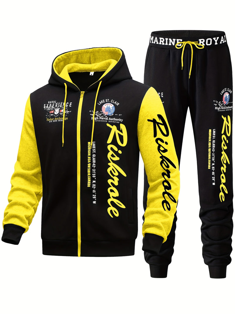 Men's Hooded Letter Print Tracksuit, 2pcs Casual Sports Set.