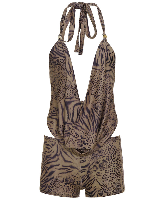 Sexy Leopard Print Backless Halter Neck Top and Tight Shorts Set for Women.