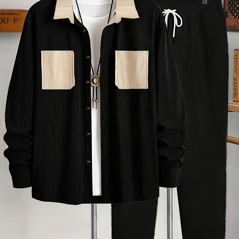 Men's Corduroy Outfit Set, Contrast Lapel Shirt Jacket + Simple Restraint Pants.