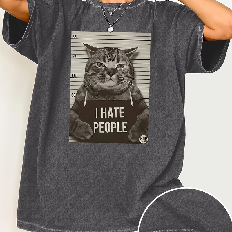 Cat Print Loose Round Neck Fashion Women's Wash Short Sleeve.