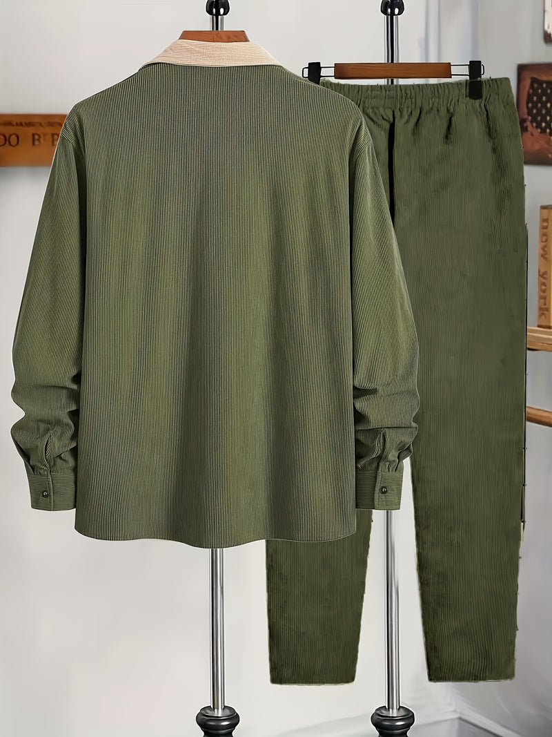 Men's Corduroy Outfit Set, Contrast Lapel Shirt Jacket + Simple Restraint Pants.