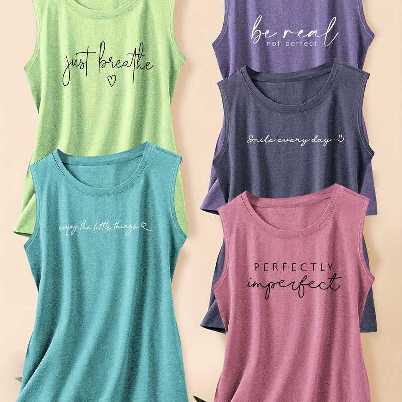 5pcs Women's Vest Tops with English Letter Print.
