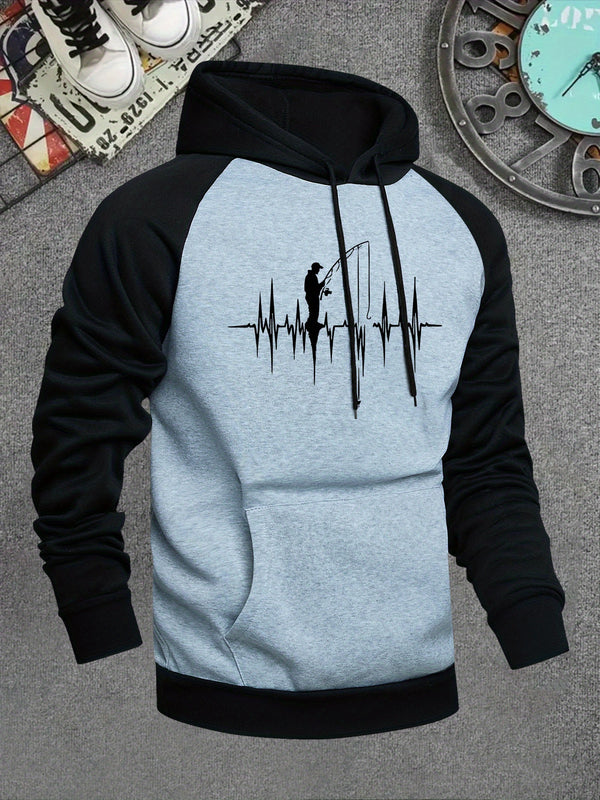 Men's Hooded Sweatshirt with Fishing Pattern Print.