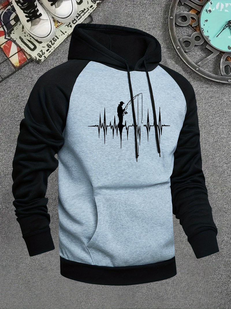 Men's Hooded Sweatshirt with Fishing Pattern Print.
