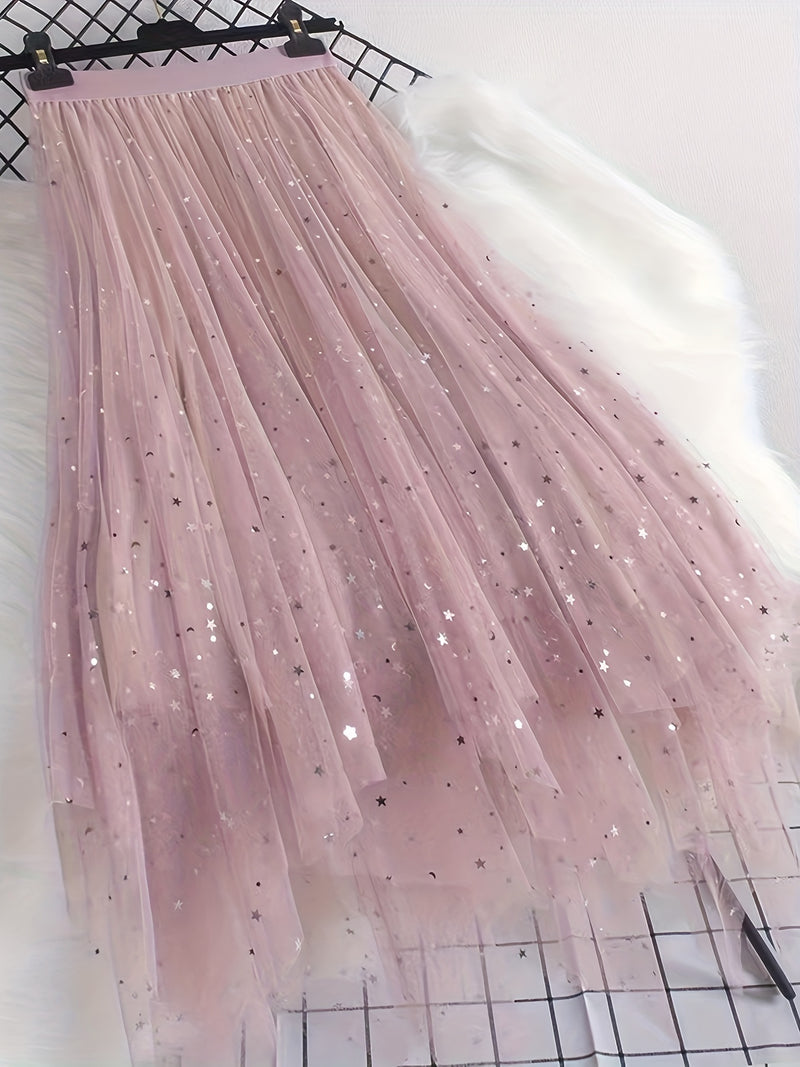 New Women's Sequin Mesh Midi Skirt, High-Waisted.