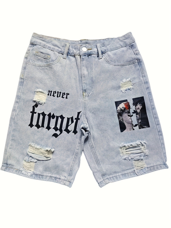Men's Denim Shorts, Light Blue, Perforated Design, Printed, Loose Fit, Non Stretchy.