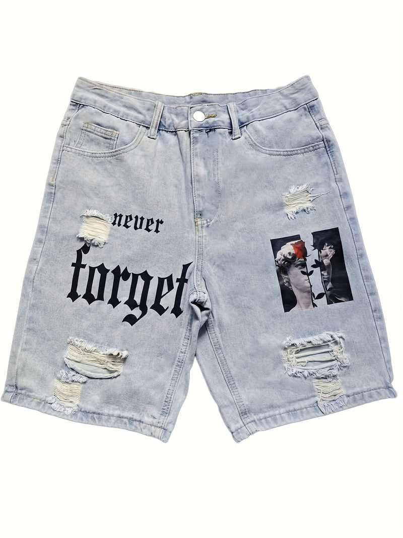 Men's Denim Shorts, Light Blue, Perforated Design, Printed, Loose Fit, Non Stretchy.