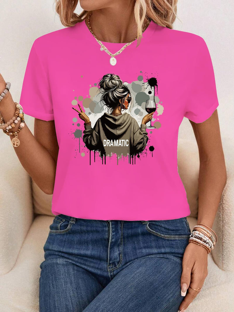 A Women's Stylish Printed Short-Sleeve T-Shirt with a Round Neck.