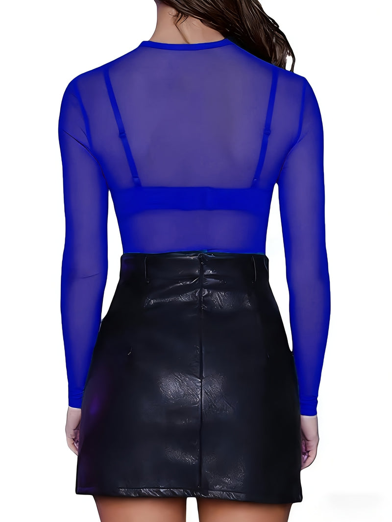 Women's Mesh Solid Color Sheer Sexy Stretchy Bodycon Thin Long-Sleeve Top.