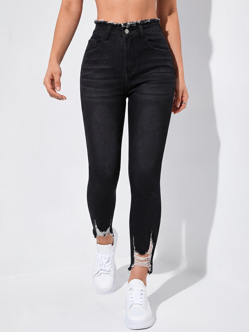 Women's Ripped Skinny Jeans with Frayed Edges.