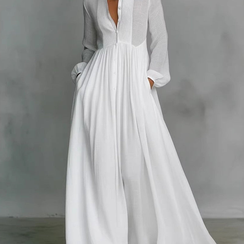 New Style Stylish, Waisted and Long-sleeved Pleated Word Length Vacation Dress for Women.