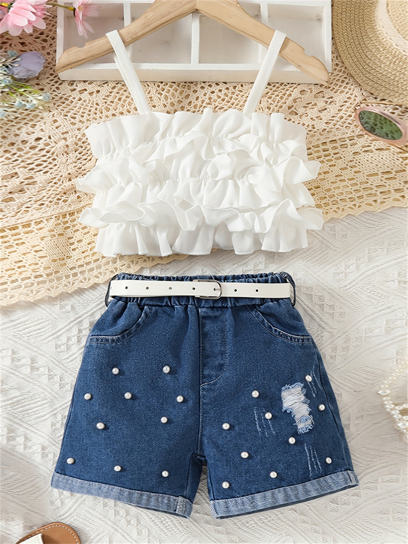 Girls' Lace-Trimmed Tank Top And Denim Shorts Two-Piece Set, for Outdoor.