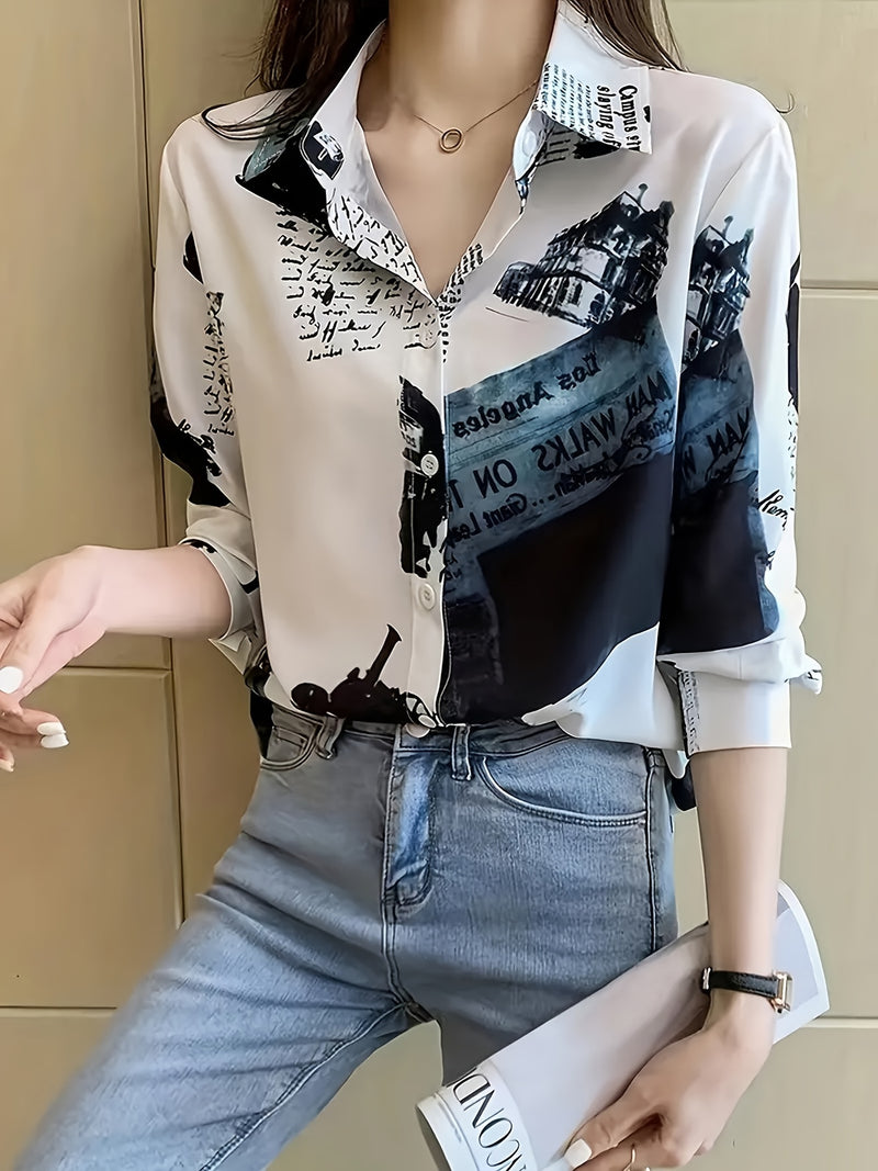 Women’s Letter Print Button- Shirt, New Spring/Autumn Casual Long Sleeve.