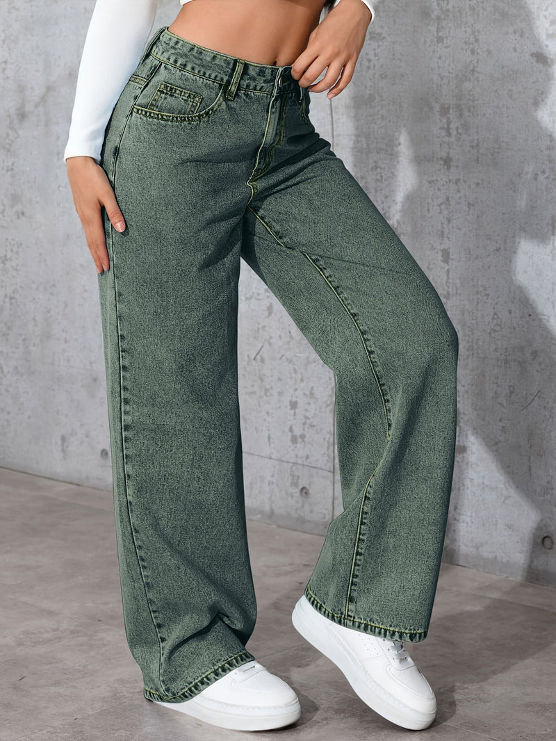Women's High-Waisted Simple Versatile Distressed Wide Leg Jeans.