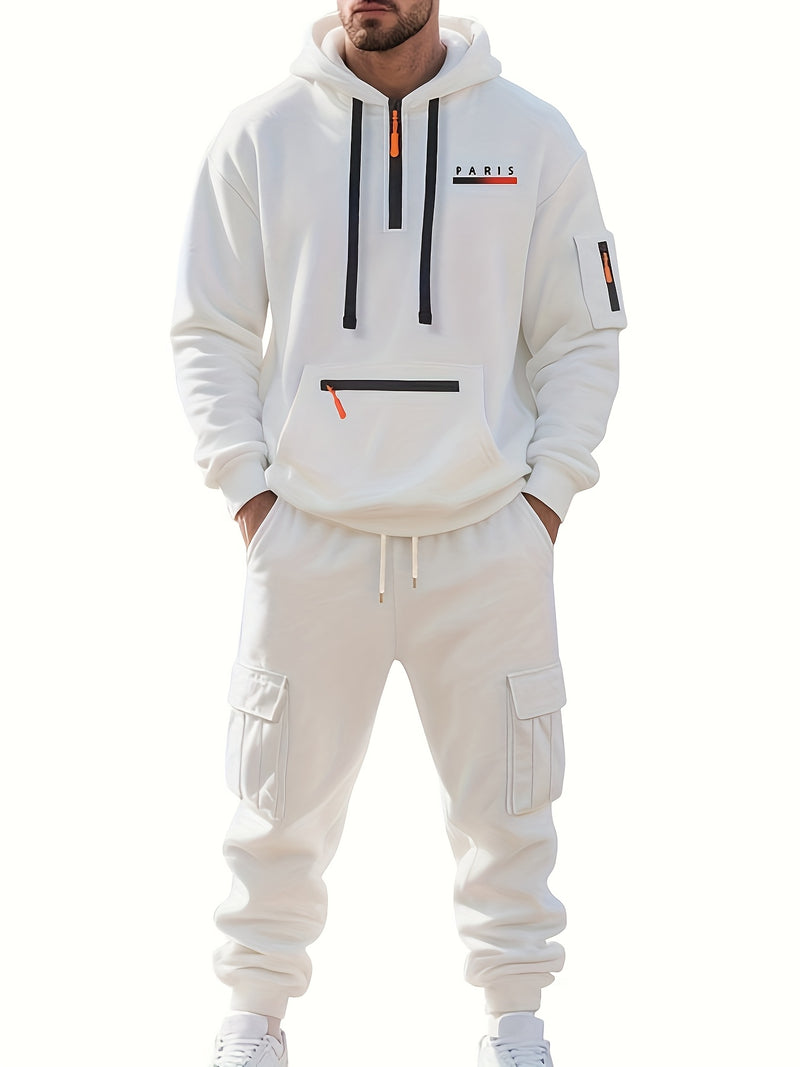 Men's Halloween Paris Letter Print Hoodie & Drawstring Cargo Jogger.