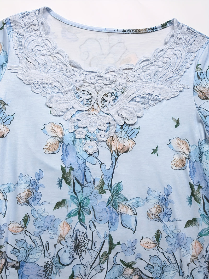 Women's Elegant Floral Print Contrast Lace Trim Round Neck T-Shirt.