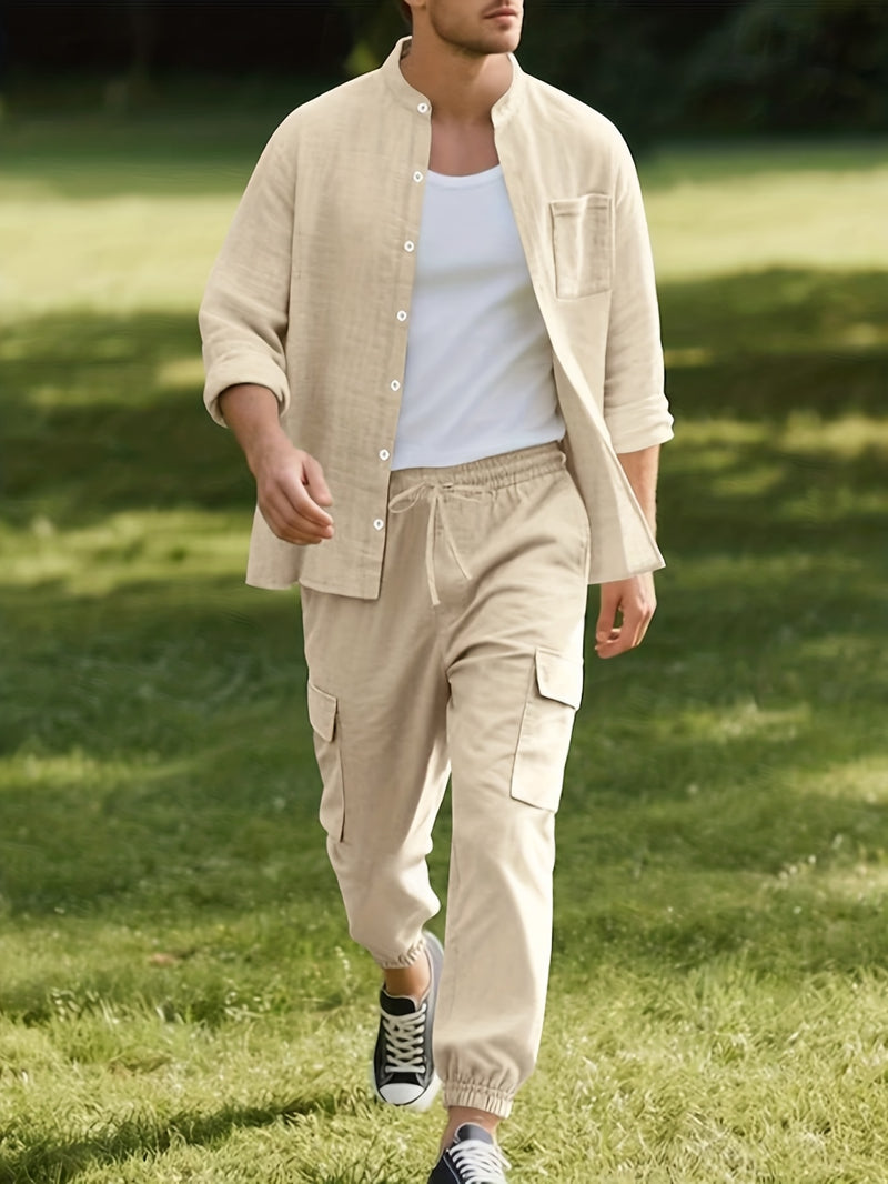 Men's Solid Color -Linen Suit, a Two-Piece Set for Sporty Comfort.