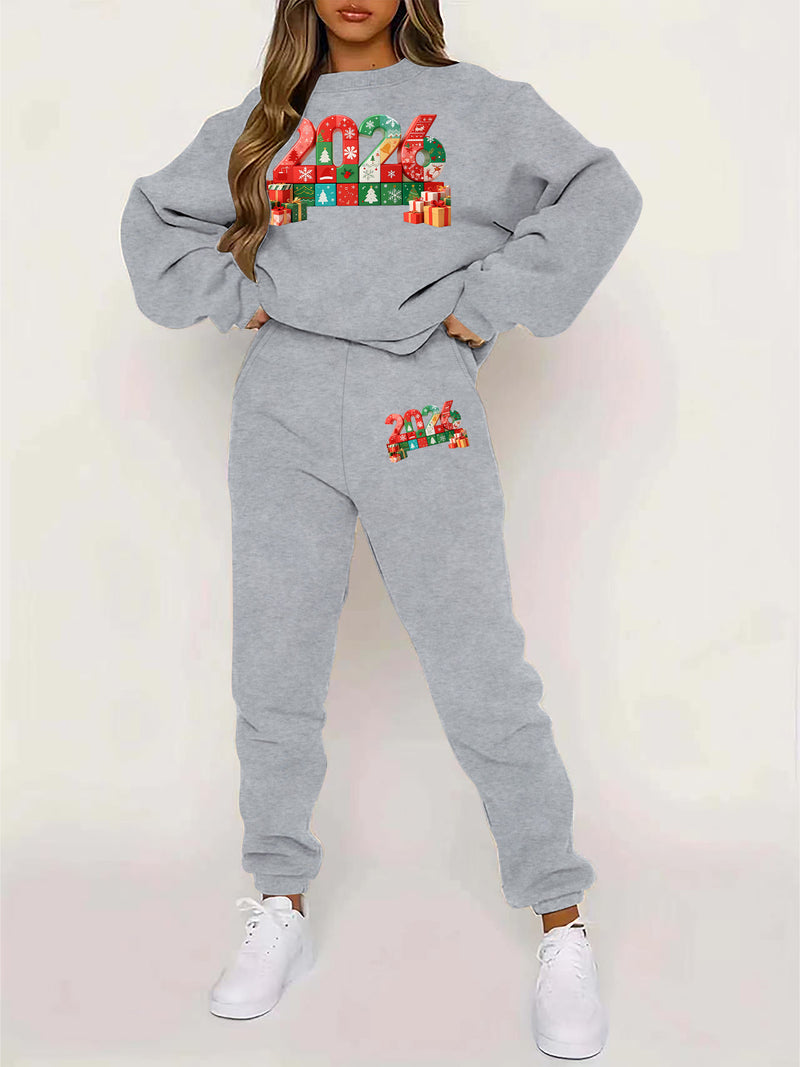 Women's Pullover Round Neck Sweatshirt And Tapered Pants Two-Piece Set.