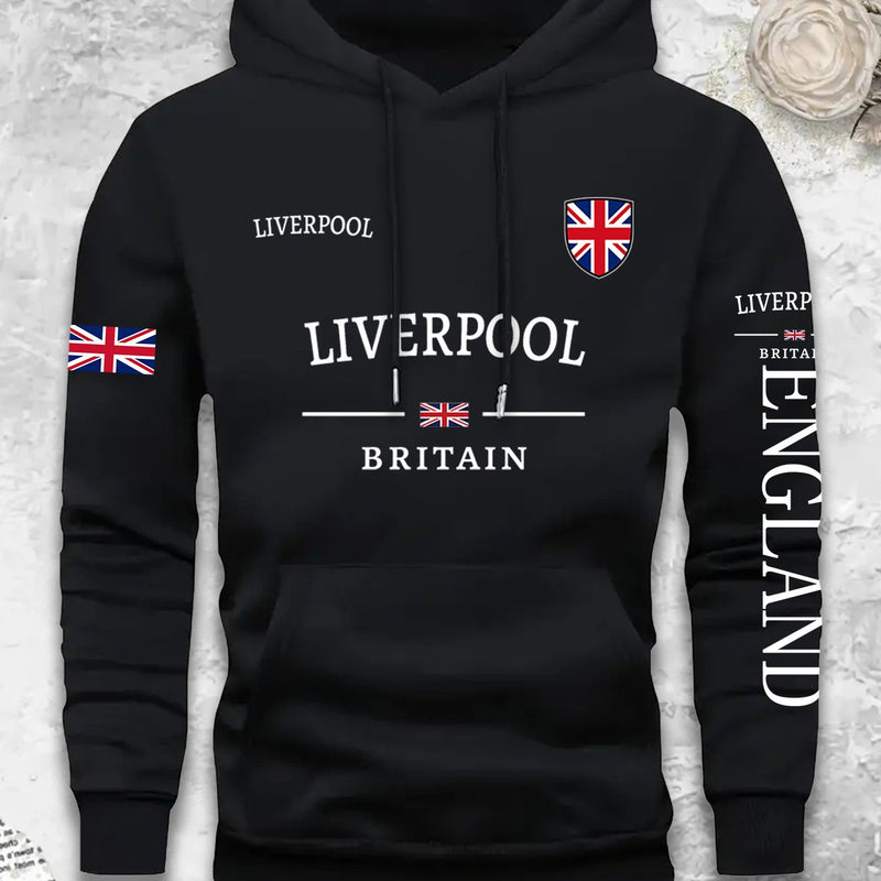 Men's Casual Versatile -Lined Hooded Sweatshirt with British Flag Print.