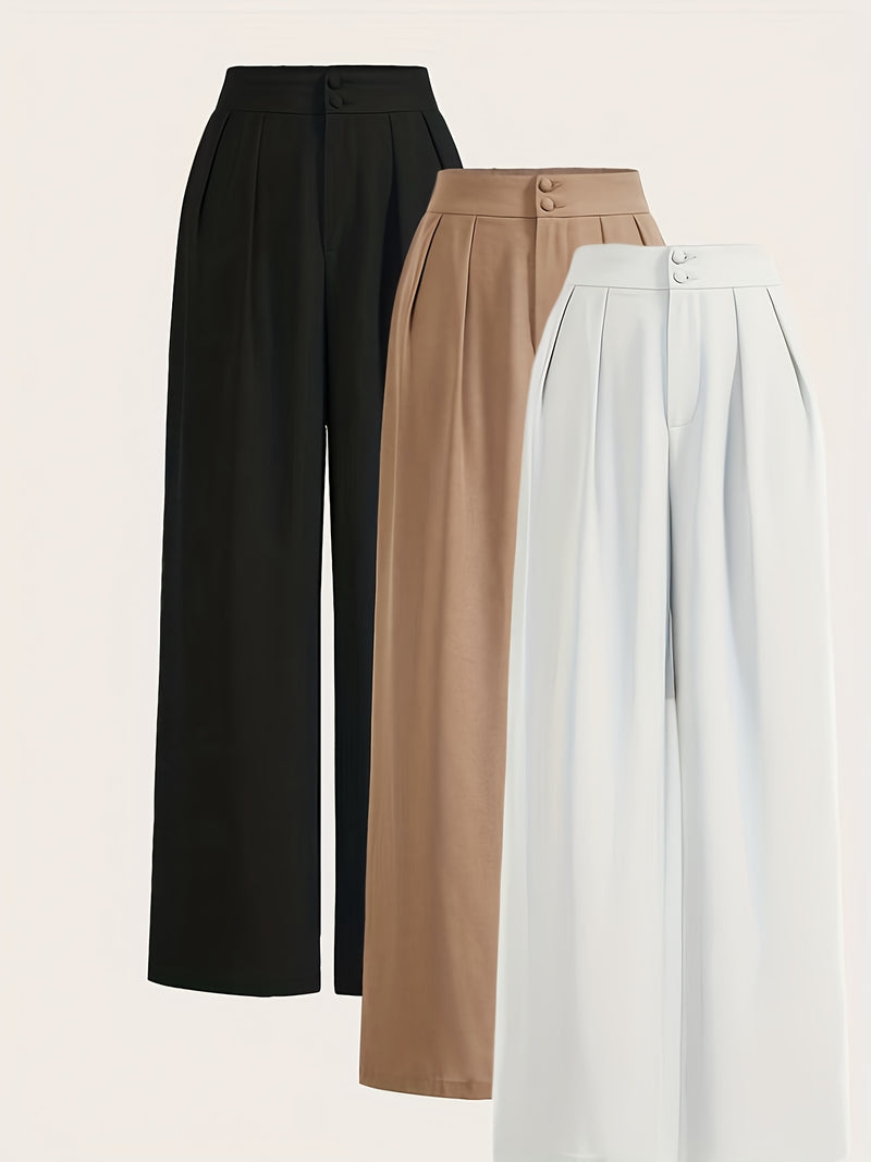 Women’s 3pcs Set Wide-Leg Pants, High-Waist with Double Buttons.