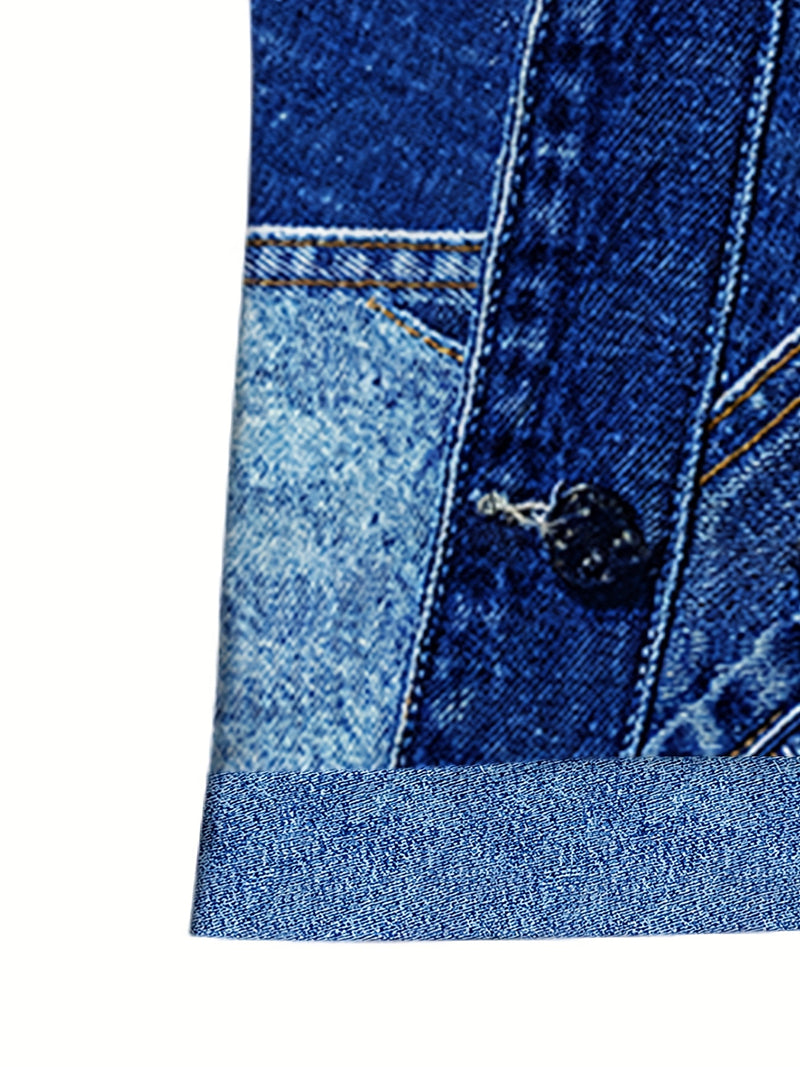 New Blue Denim Patchwork Style Pattern Digital Print Sportswear Set Hooded.