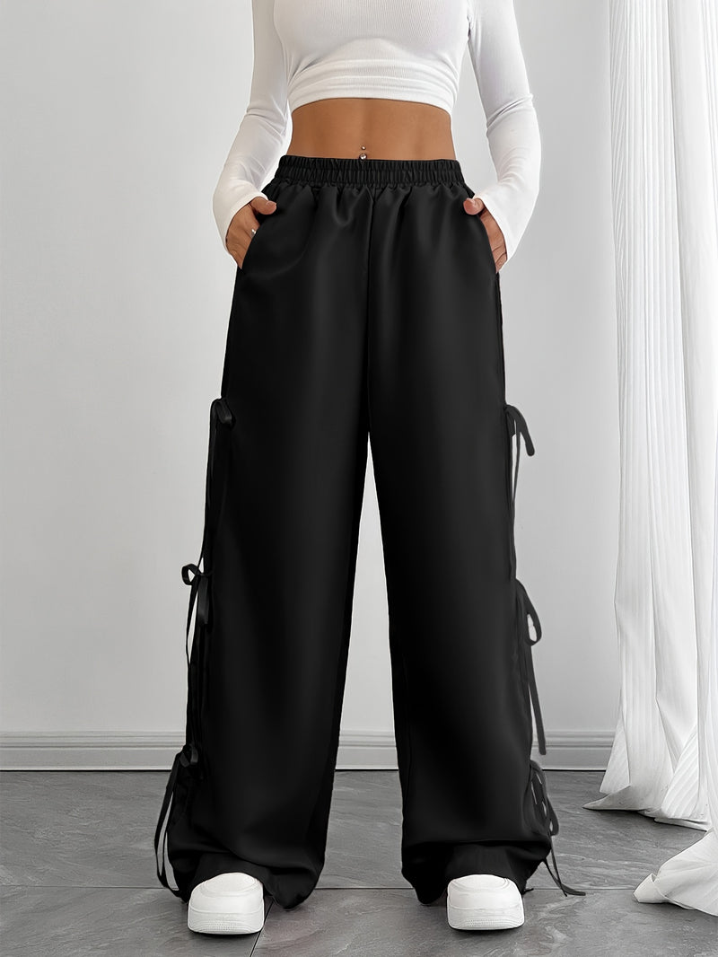 Women’s Elastic Waist Suitable for Spring, Wide-Leg Pants with Side Bow.