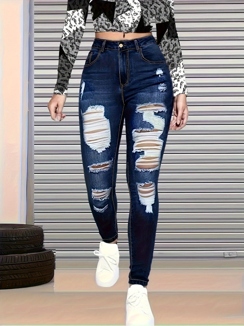 Women's Blue Distressed Skinny Jeans, Ripped Washed Denim Pants.