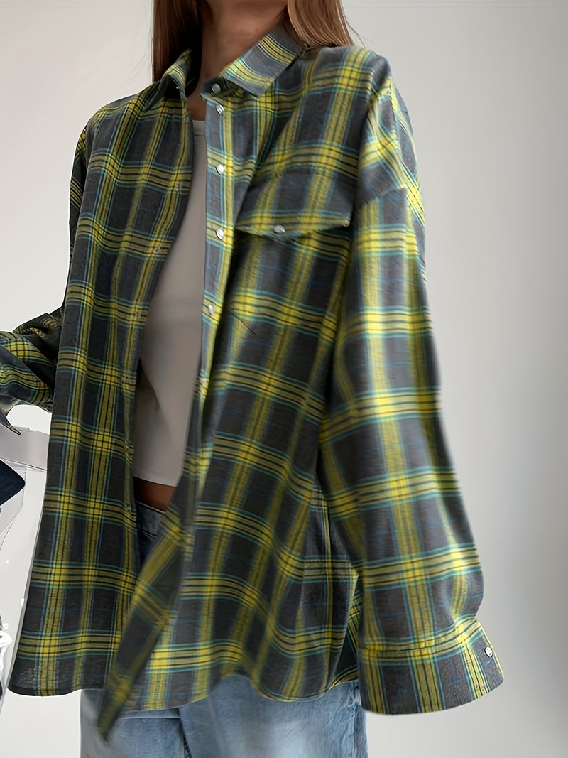Spring Plaid Long-sleeve Pocket Women's Blouse.
