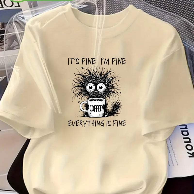 Women's Cat Print Round Neck Short Sleeve T-Shirt.
