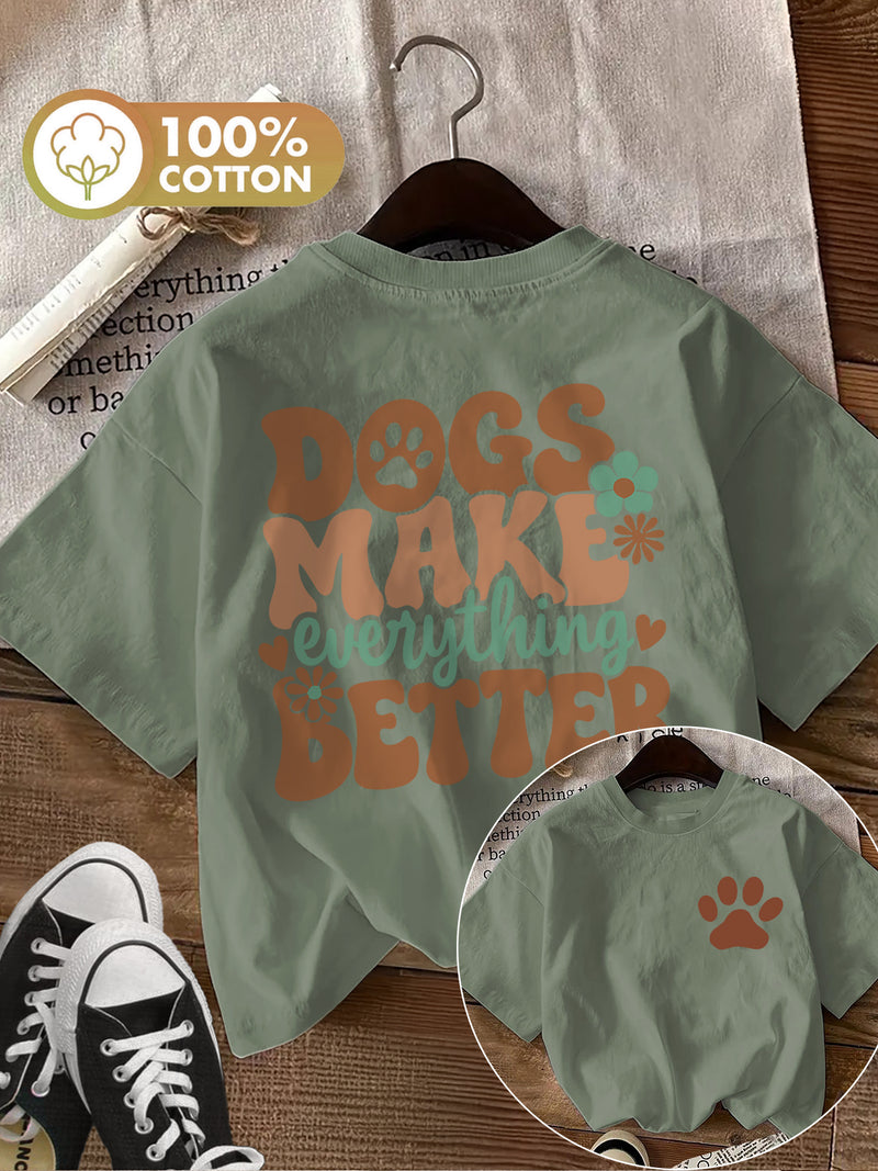 Women's Top Retro Style Paw Print Flower Dogs Make Loose Daily.