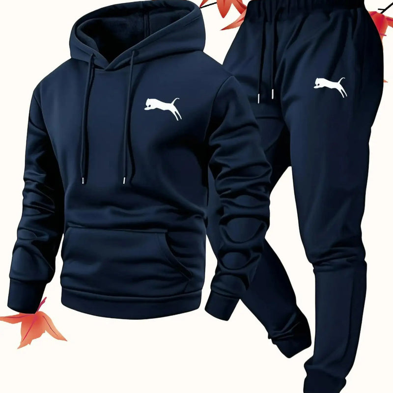 Fashion Versatile Warm 250gsm Hooded Sweatshirt + Pants Two-Piece Set for Men.