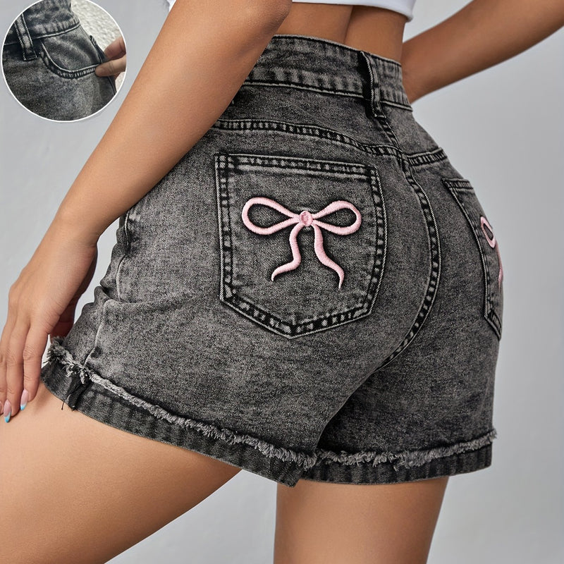 1pc bow embroidered folded hem vintage washed slightly stretch denim shorts.