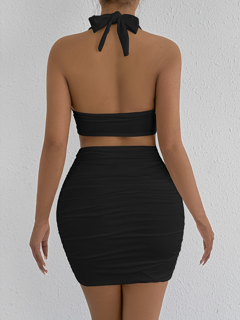NBC41-11 Halter Neck Tie-Up Hip-Wrapping Skirt Two-Piece Set.