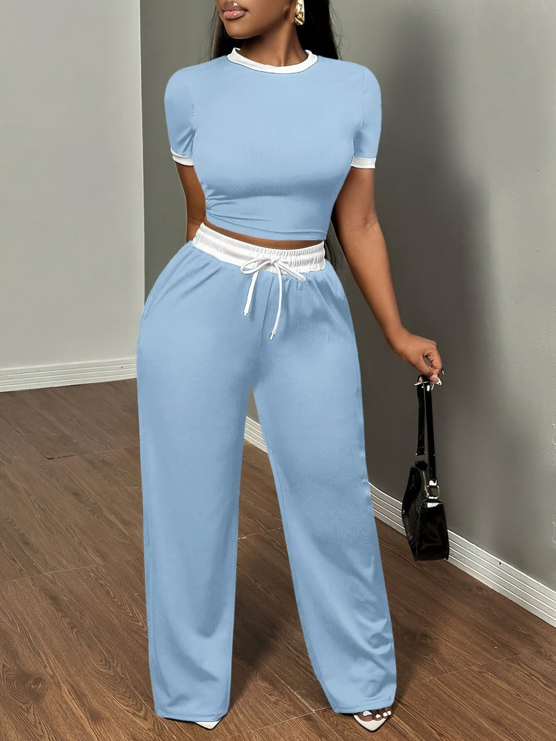 Women's Sexy Color Block Short-Sleeved T-Shirt And High-Waisted Belt Bandage Trousers.