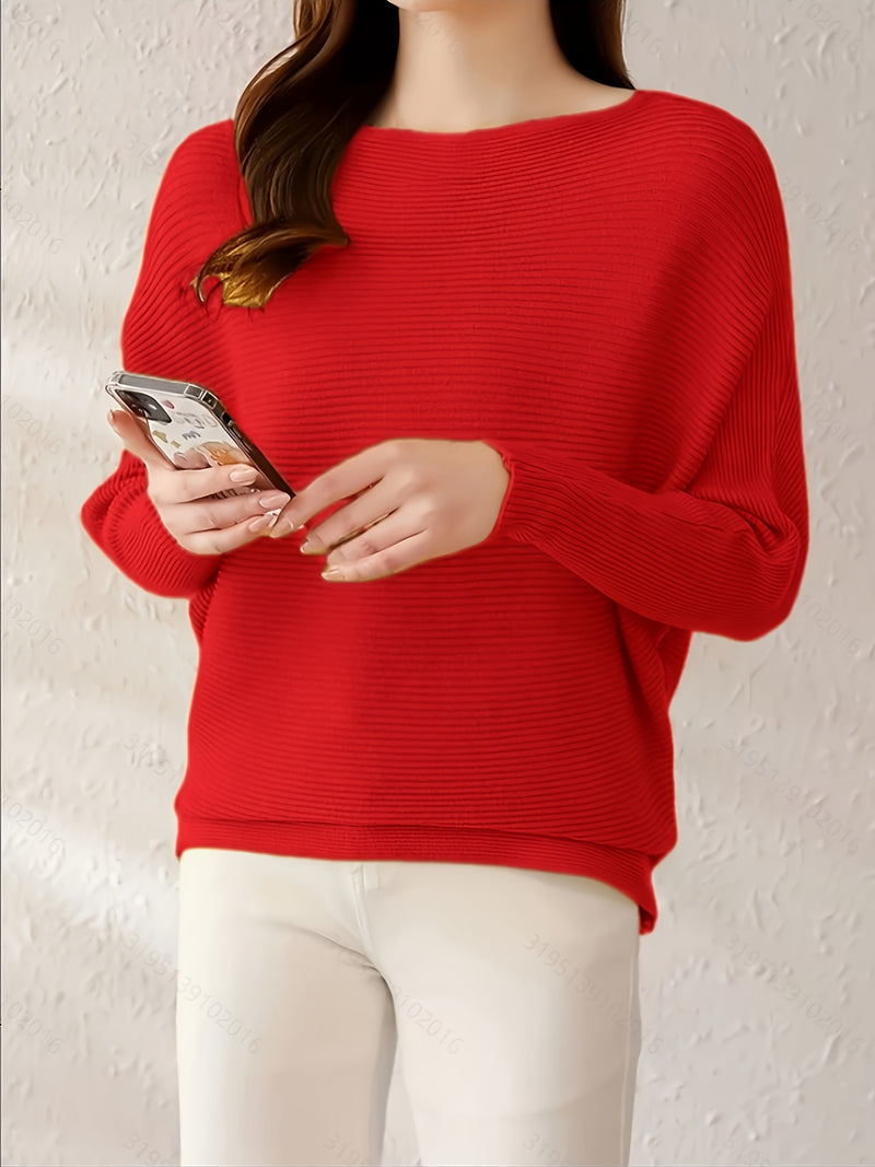 Women's Loose Batwing Sleeve Sweater, Casual Elegant Long Sleeve Top.