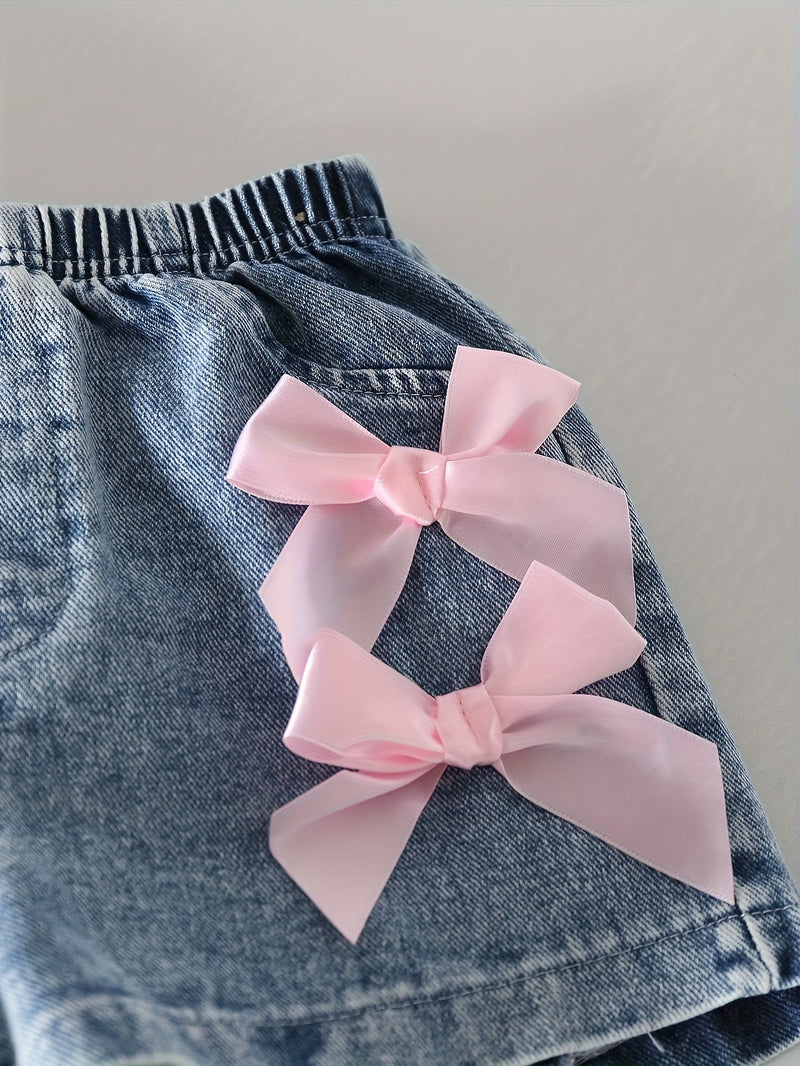 Pink T-Shirt + Denim Shorts Set, 2pcs Girls' Denim Outfit with Bow Design.