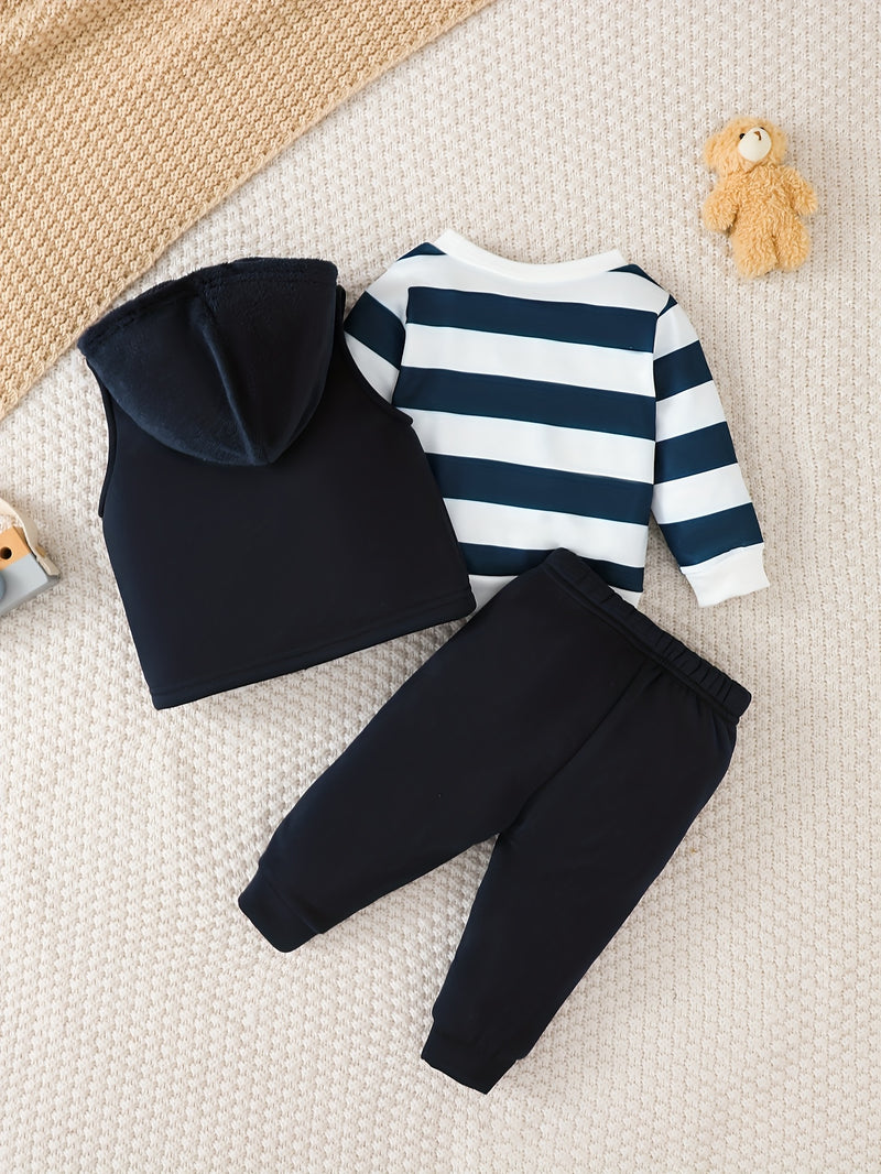 3pcs Boys Cute Bear Embroidery and Striped Print Long-Sleeve.