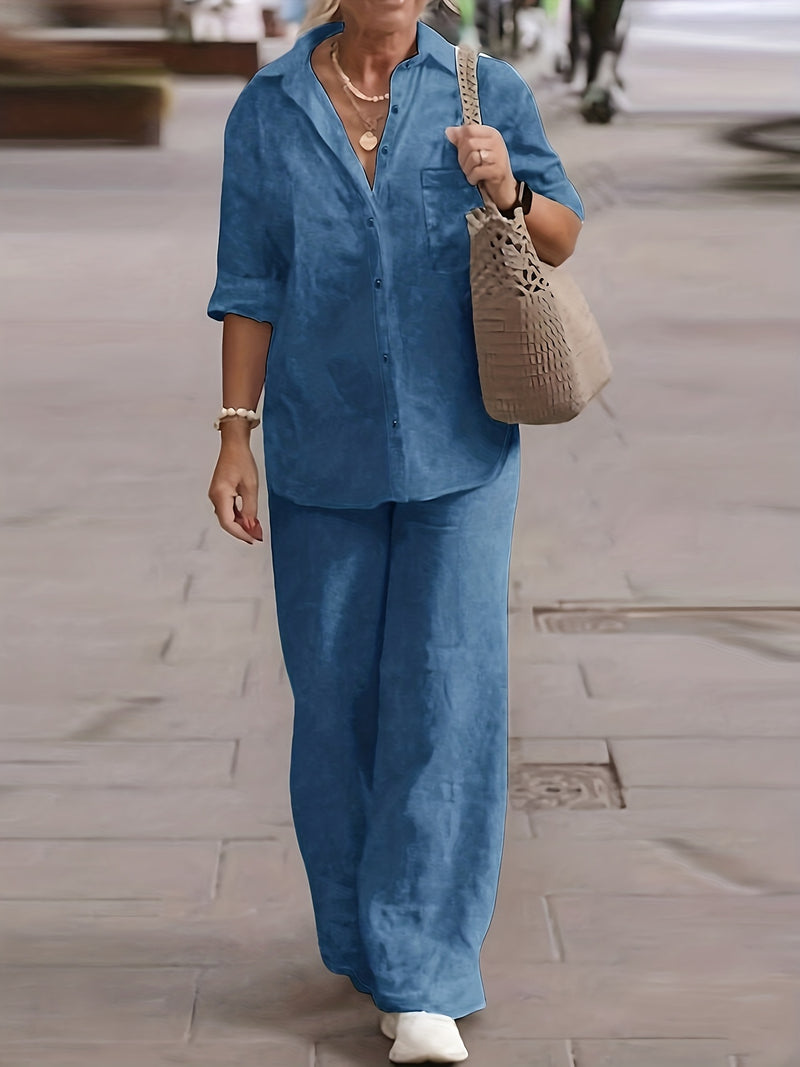 Women’s Casual Collar Cardigan and Wide-Leg Pants Set.