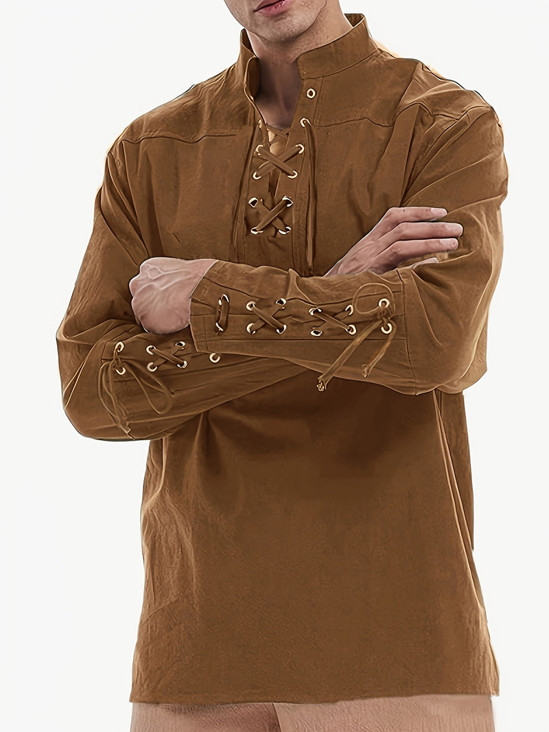 Men's Stand Collar Shirt with Drawstring Arm Bands.