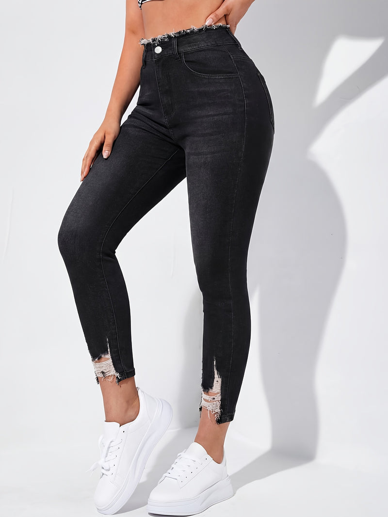 Women's Ripped Skinny Jeans with Frayed Edges.