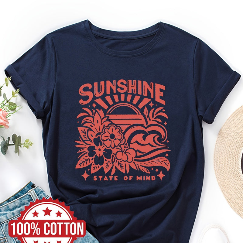 Women's Casual Crew Neck T-Shirt with "SUNSHINE" Graphic Print.
