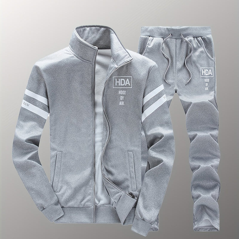 Men's Tracksuits 2pcs Set - Stand Collar Ribbed Hem Sportswear.