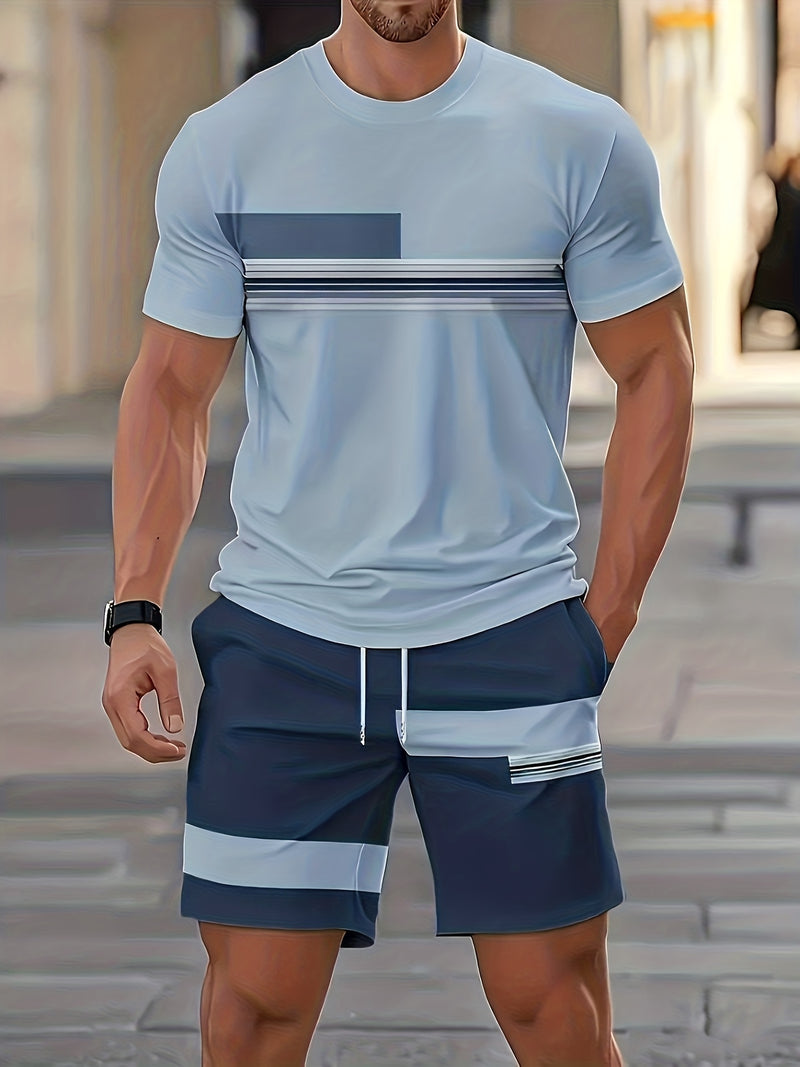 1 Set of 2pcs Men's Casual Outfit, Round-neck T-shirt + Shorts Set.