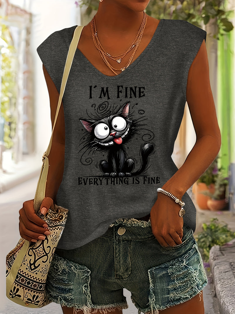 Women’s Cute Cat Print Rayon V-Neck Short Sleeve T-Shirt.