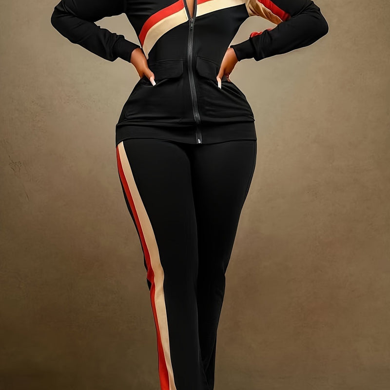 Women's Color-Blocked with Pockets, Stylish And Casual Two-Piece Set.